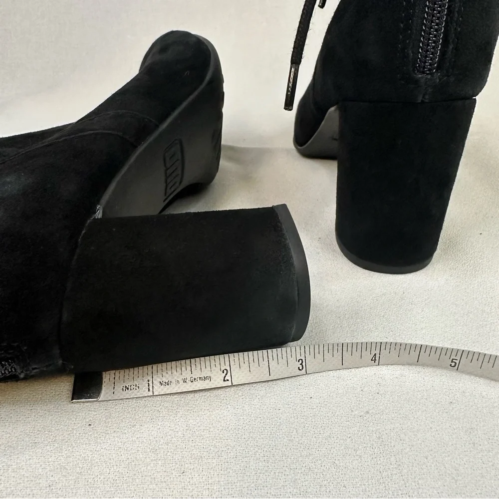 Black Suede Ankle Boots Block Heel Lace Back Zip Booties Size 7.5M Leather Upper